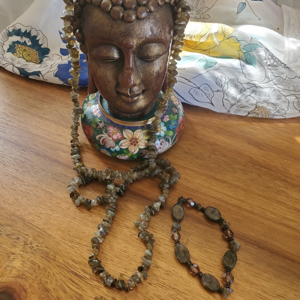 Labradorite Green Stone Bead Necklace Bracelet Set